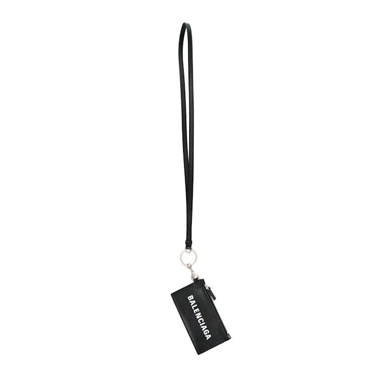Balenciaga Cash Logo Black Grain Leather Neck Lanyard Card Holder Wallet