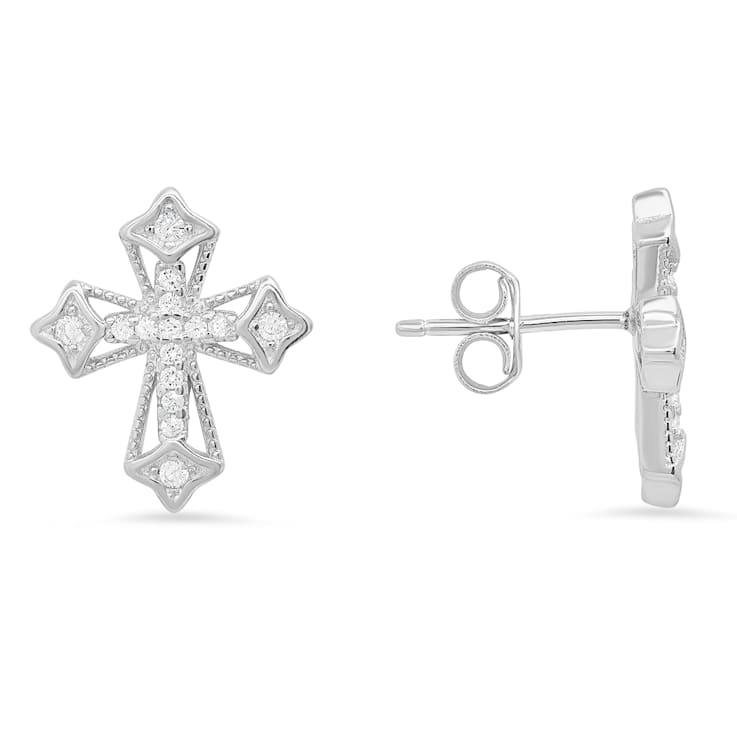 White Cubic Zirconia Rhodium Over Sterling Silver Cross Earrings 0.19ctw