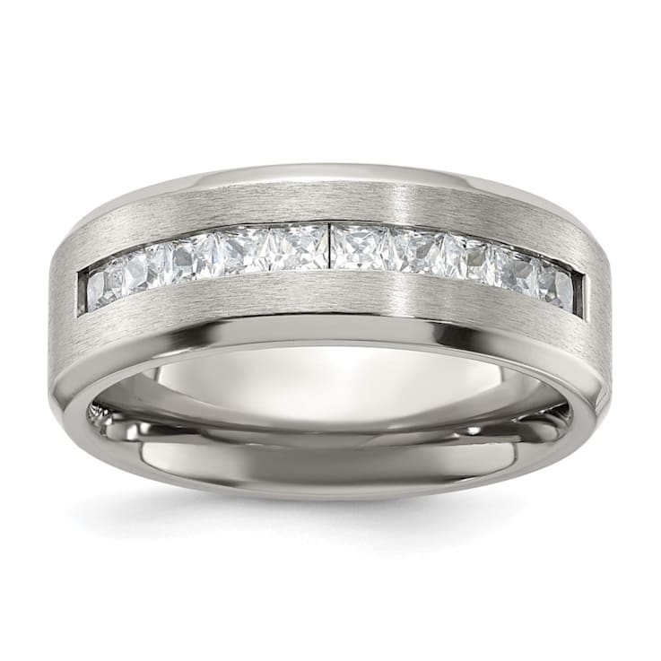 White Cubic Zirconia Titanium Men's 8mm Band Ring