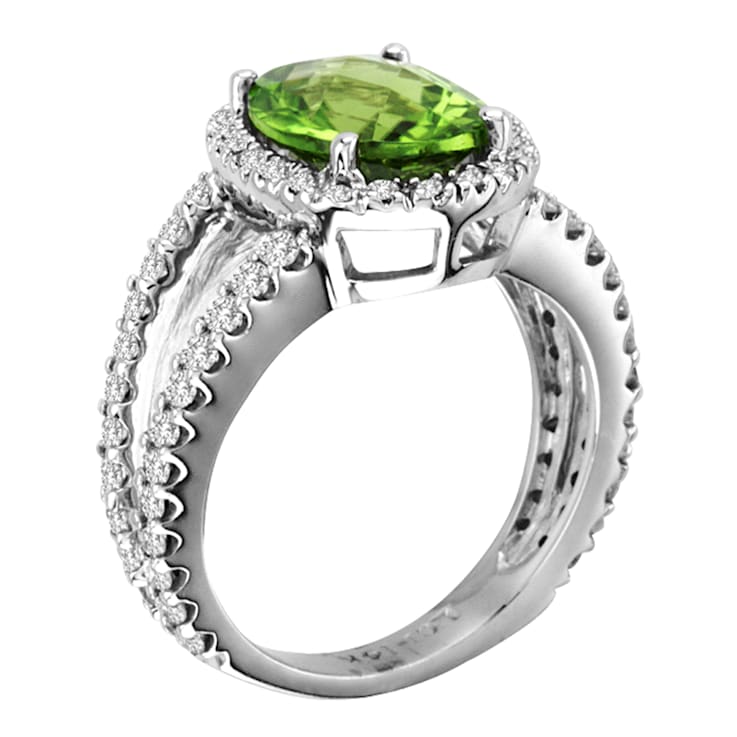 Peridot and Diamond 14k White Gold Halo Split Shank Ring 3.60ctw