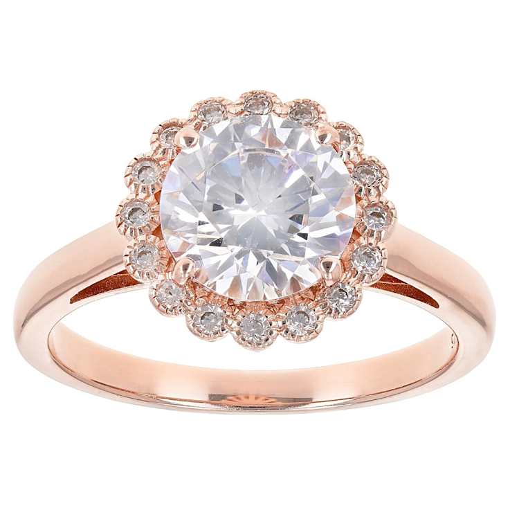 Round CZ Ring With Halo In 18K Rose Gold Over Sterling Silver