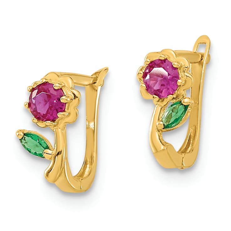 14K Yellow Gold Polished Red and Green Cubic Zirconia Flower Hoops Earrings