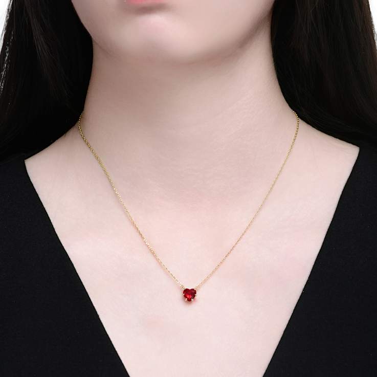 Ruby Color CZ Heart Solitaire Necklace In 14K Gold Over Brass