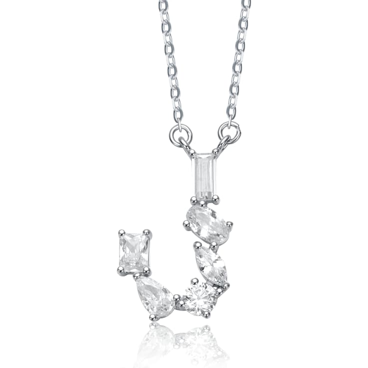 Initial J Mixed Cut CZ Pendant Necklace In Sterling Silver 18 Inch