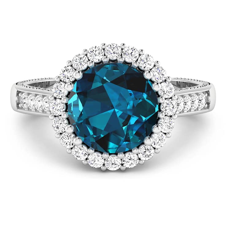 Round London Blue Topaz and Diamond 14K White Gold Halo Ring 3.44 ctw