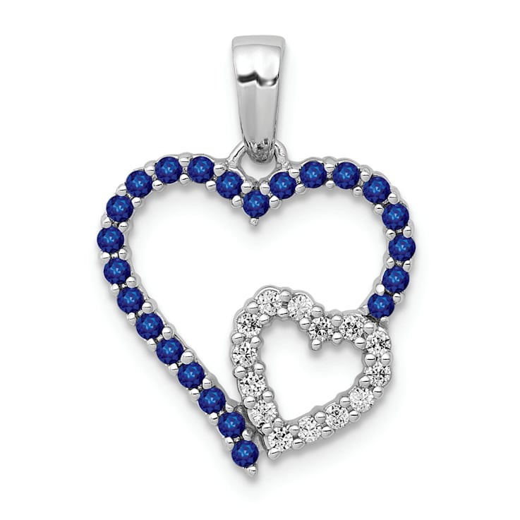 Rhodium Over 14k White Gold Diamond and Sapphire Double Heart Pendant