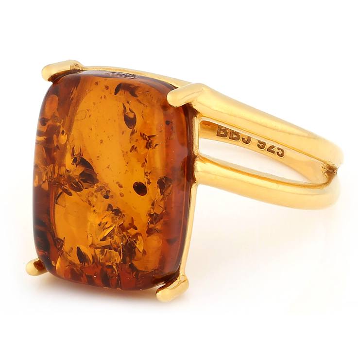 Amber Rectangular Cushion Solitaire Ring In 18K Gold Over Sterling
Silver 14x10mm
