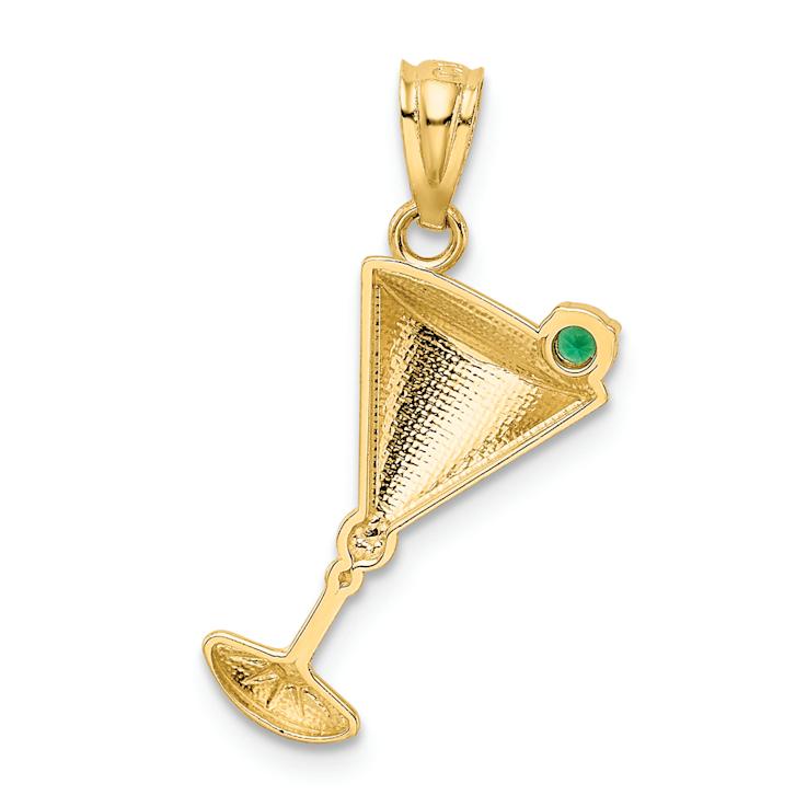14k Yellow Gold Textured Martini Glass with Green Cubic Zirconia Olive Pendant