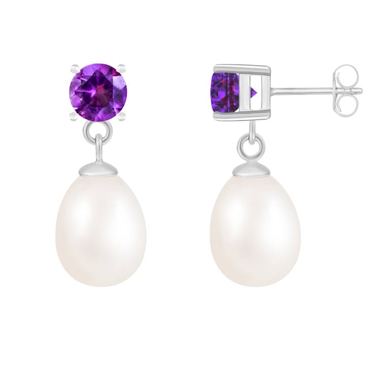 White Freshwater Pearl And Amethyst Dangle Earrings In Sterling Silver