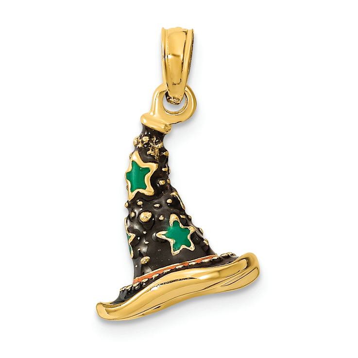 14k Yellow Gold Textured and Enameled 3D Witch's Hat (Halloween) Charm
