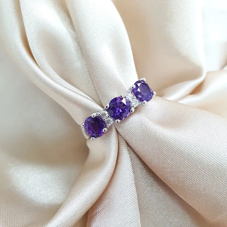 Amethyst and Moissanite Sterling Silver 3-Stone Ring