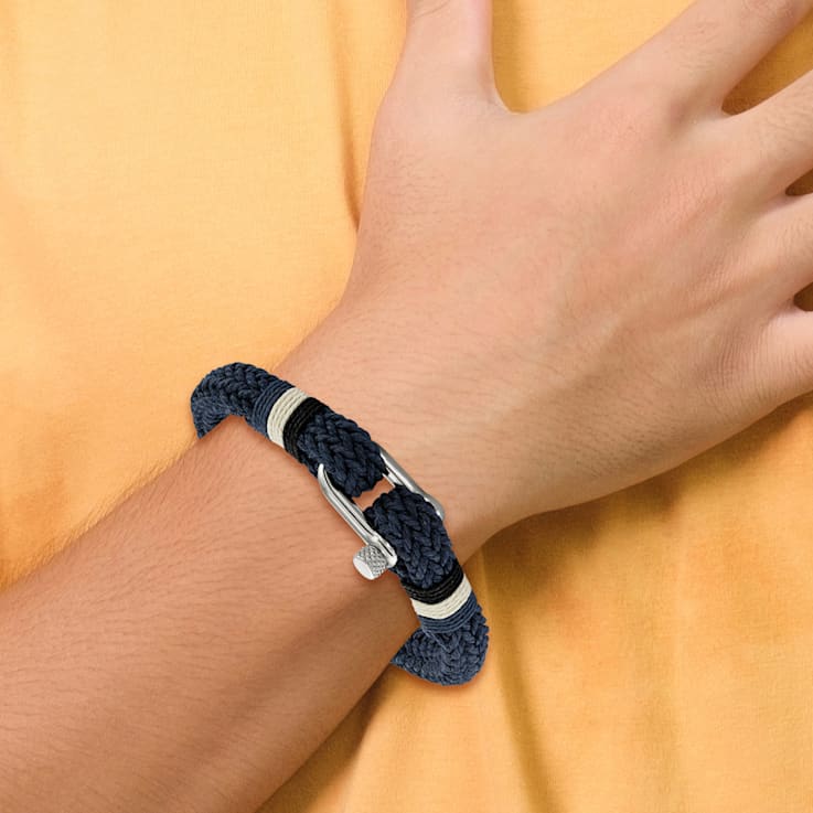 Woven Navy Cotton and Stainless Steel Polished 8.5-inch Bracelet