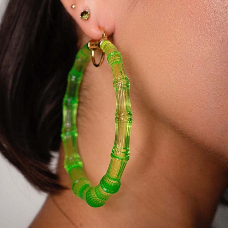 14K Yellow Gold Over Sterling Silver XL Acrylic Bamboo Hoops in Lime Green