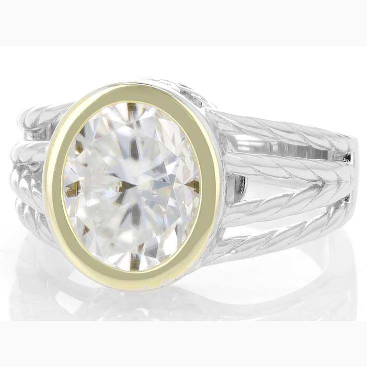 Two-Tone Moissanite Oval Solitaire Ring In 14K Gold And
Platinum-Enhanced Sterling Silver 4.20ct DEW