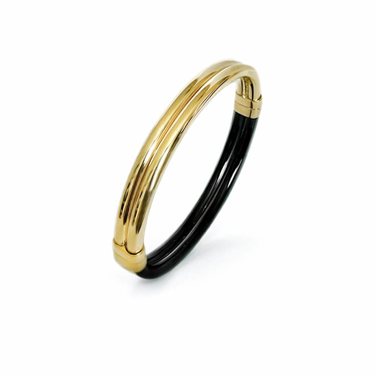 14K Gold Over Brass Black Ridge Acrylic Hinge Bangle