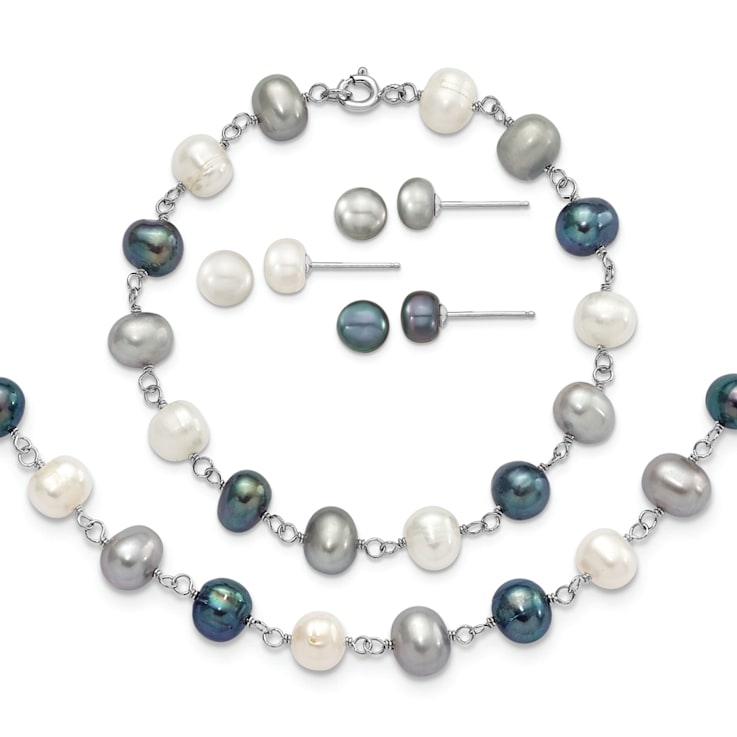 Rhodium Over Sterling Silver Multi-color Freshwater Pearl
Necklace/Bracelet/Earring Set