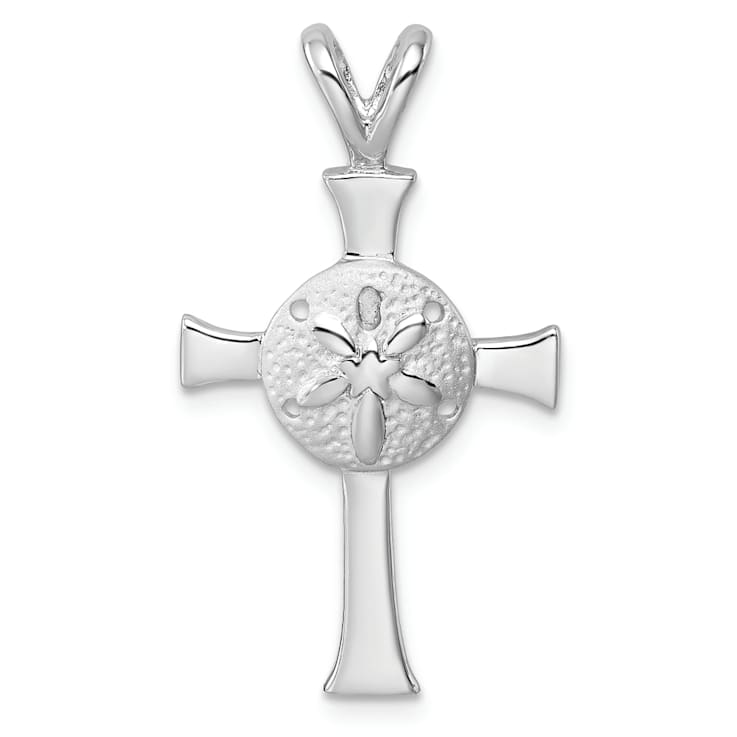 Rhodium Over Sterling Silver Polished and Brushed Sand Dollar Cross Pendant