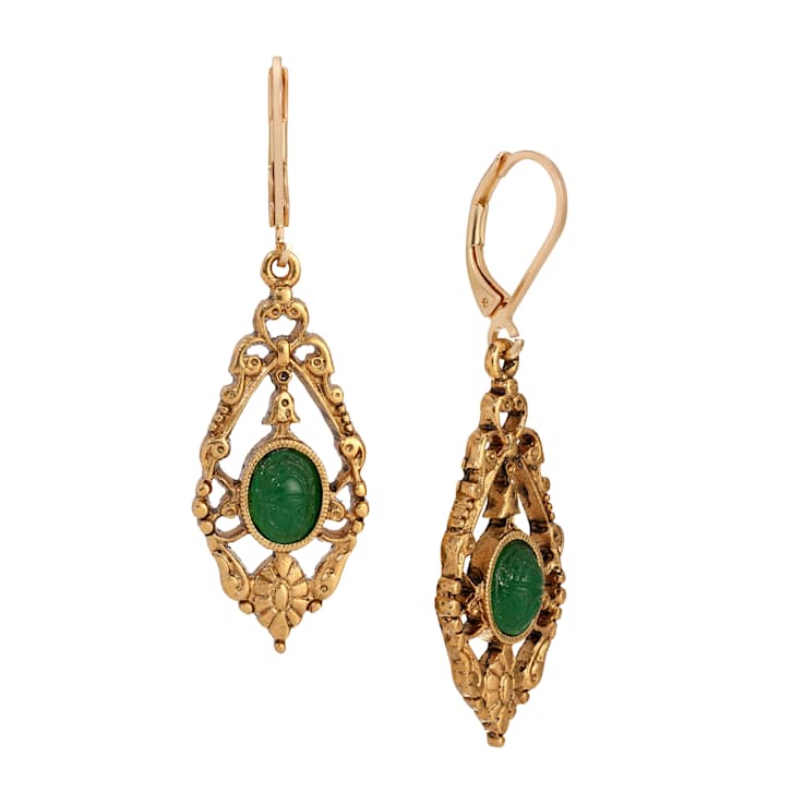 Green Teardrop Dangle Earrings In Gold Tone
