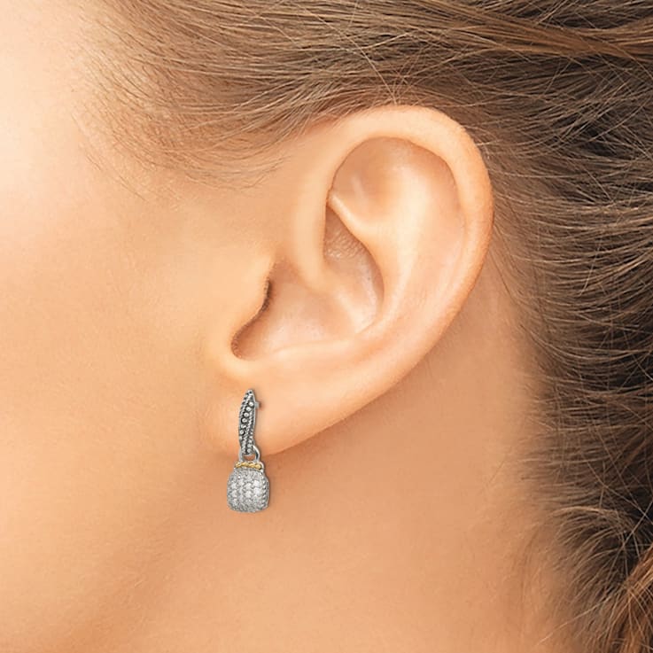 Sterling Silver Antiqued with 14K Accent Diamond Dangle Post Earrings