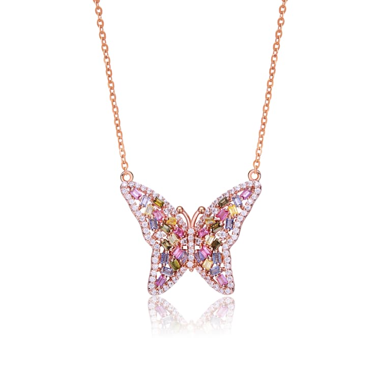Multi-Color CZ Butterfly Station Necklace In 18K Rose Gold Over Sterling Silver