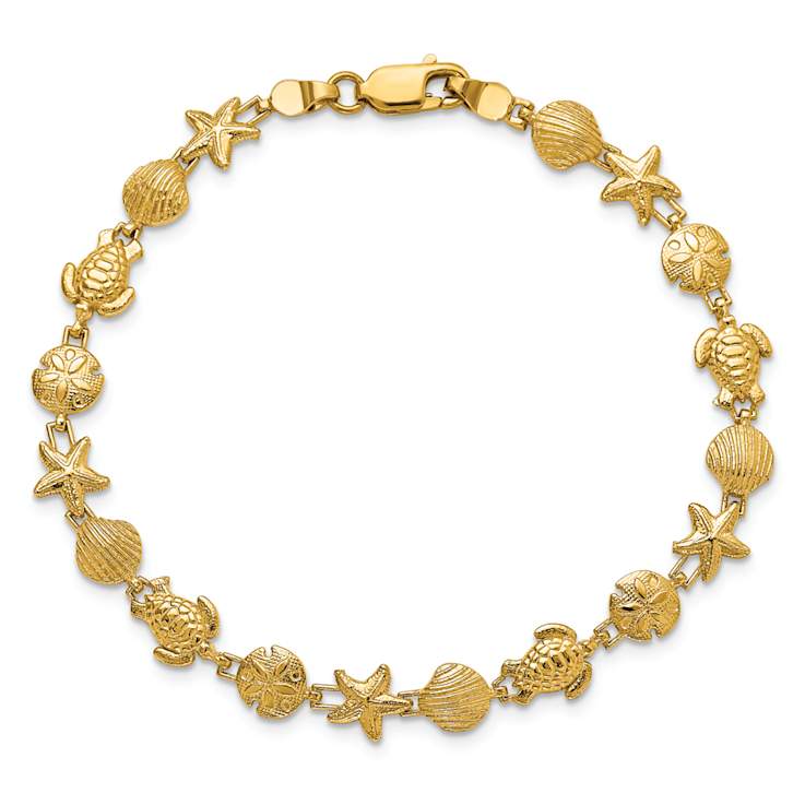 14k Yellow Gold Textured Sea Life Link Bracelet