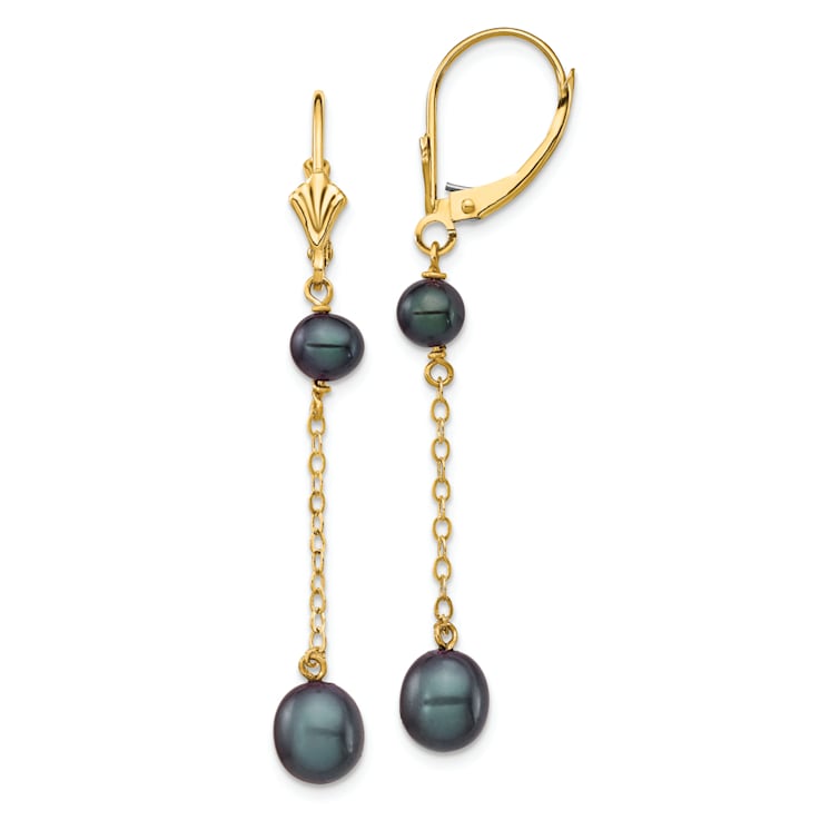 14K Yellow Gold 5-7mm Black Rice Freshwater Cultured Pearl Leverback Earrings