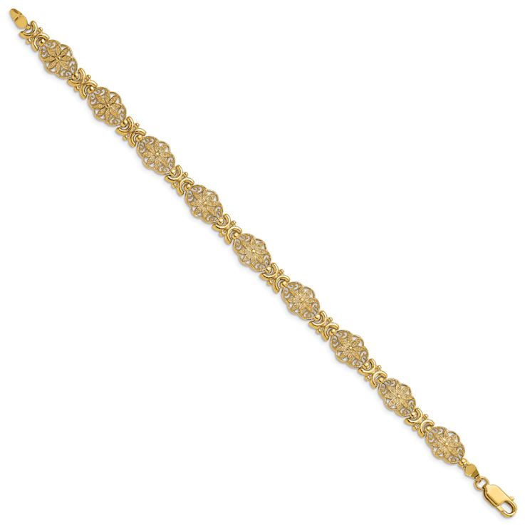 14k Yellow Gold Textured Fancy Floral Link Bracelet
