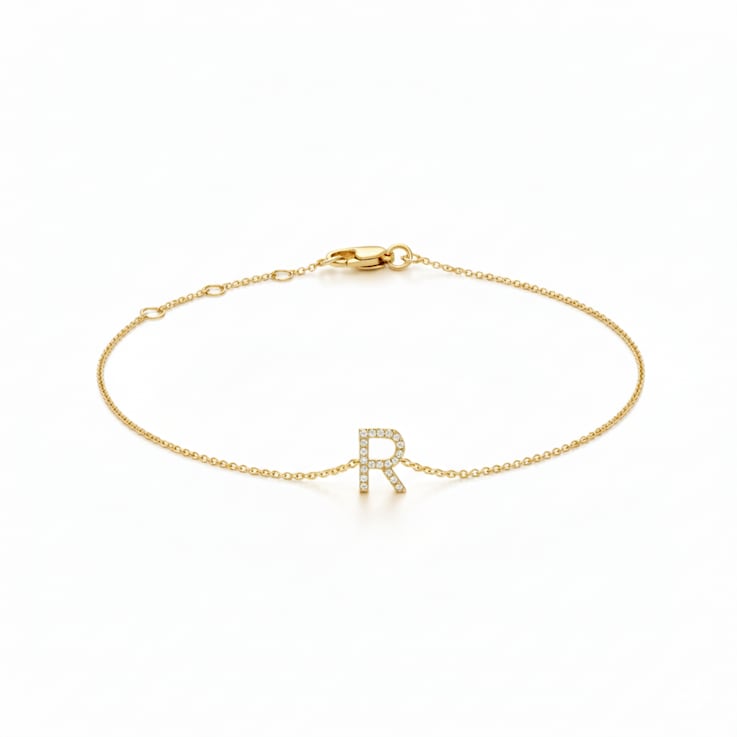 10K Yellow Gold White Diamond R Initial Bracelet for Women with
Adjustable Chain, 0.06ctw