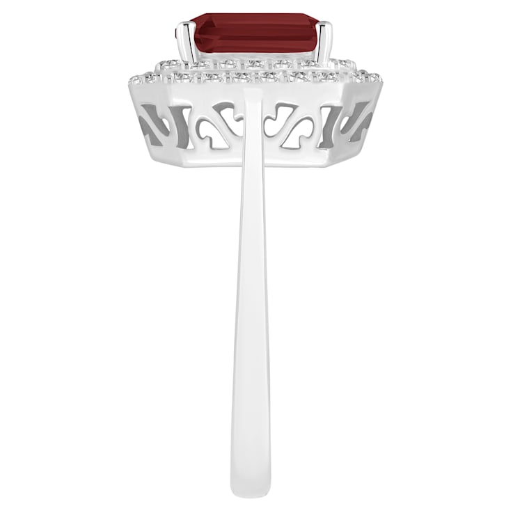 8x6mm Emerald Cut Garnet And White Topaz Accents Rhodium Over Sterling
Silver Double Halo Ring