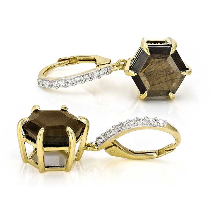 Golden Sheen Sapphire Hexagon Dangle Earrings In 18K Gold Over Sterling
Silver 12.22ctw