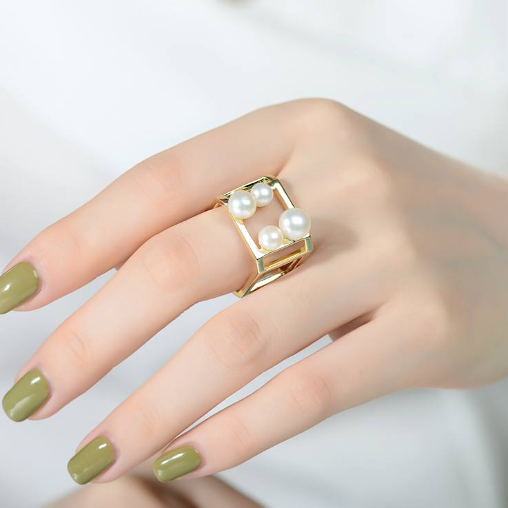 Freshwater Pearl Geometric Ring In 14K Gold Over Sterling Silver