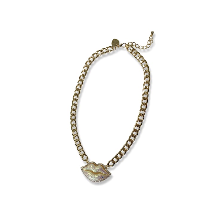 Gold Tone AB Glitter with Clear Crystal Lip Pendant Necklace
