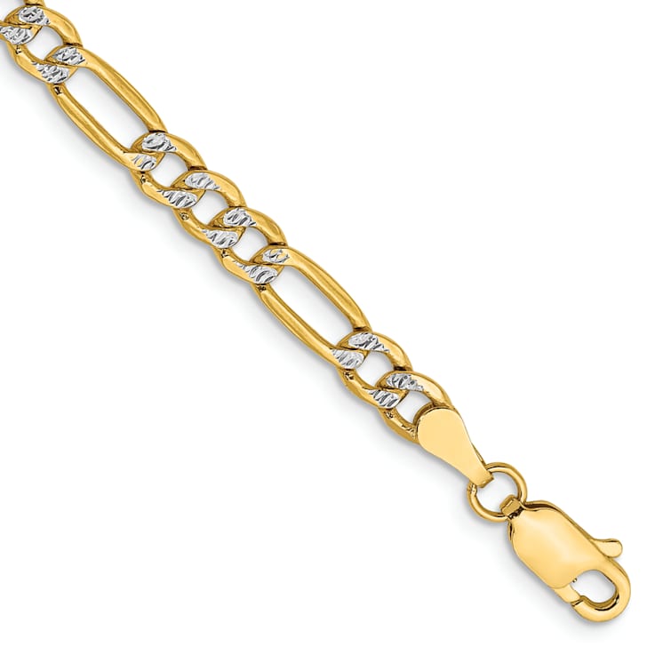 14k Yellow Gold and Rhodium Over 14k Yellow Gold 3.9mm Pave Figaro Link Bracelet