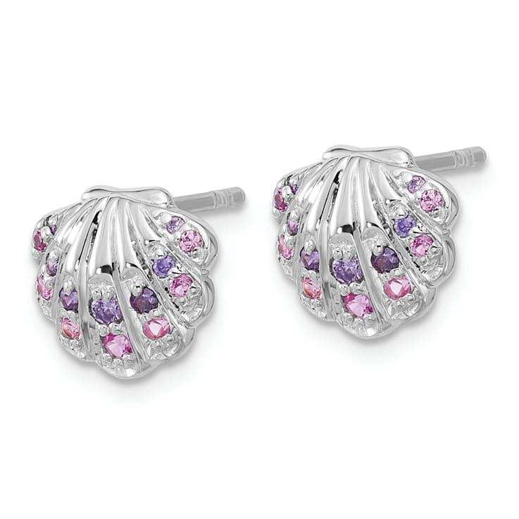 Rhodium Over Sterling Silver Polished Cubic Zirconia Shell Post Earrings