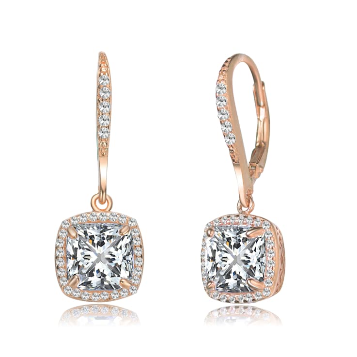 Square CZ Halo Drop Earrings In 18K Rose Gold Over Sterling Silver