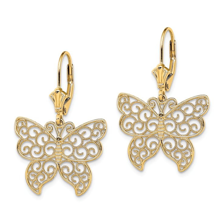 14K Yellow Gold Textured Butterfly with Beaded Filigree Wings Dangle Earrings