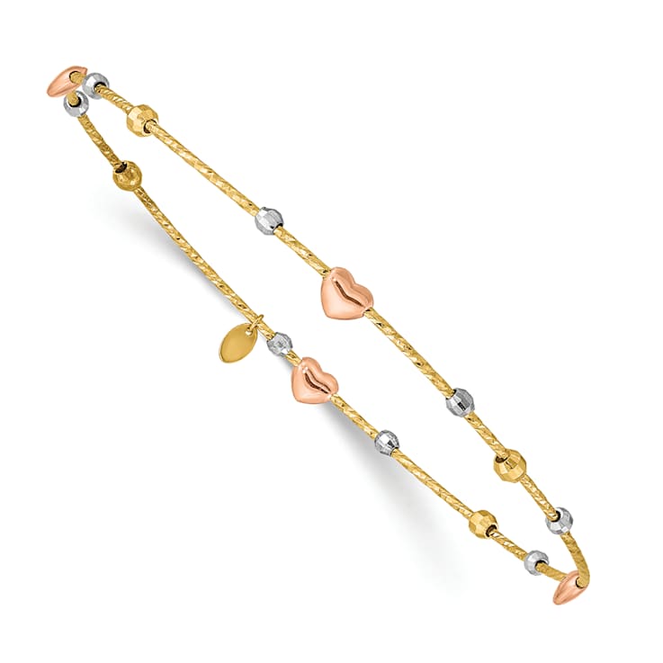 14K Tri-color Heart Diamond-cut Slip-on Bangle