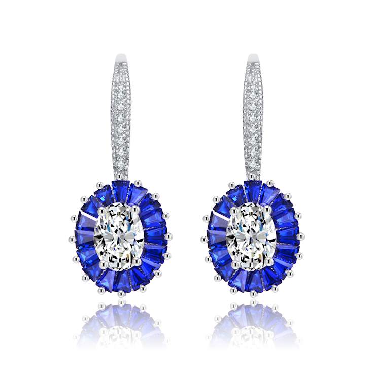 Sapphire Color CZ Halo Drop Earrings In Sterling Silver
