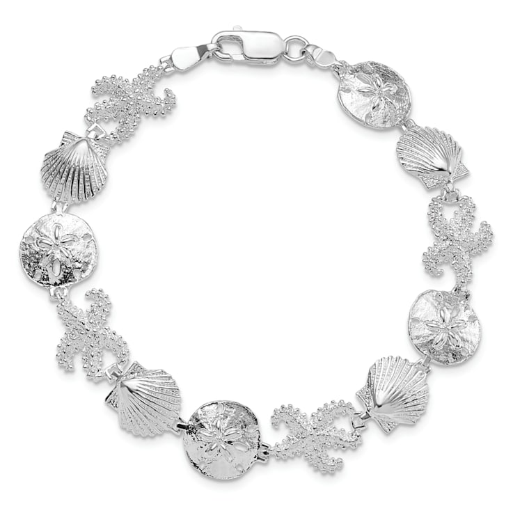 Rhodium Over Sterling Silver Polished Starfish, Shell, Sand Dollar Bracelet