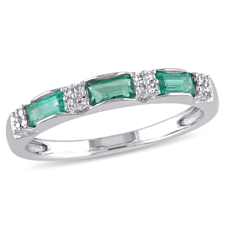 Emerald and Diamond 10K White Gold Ring 0.43ctw