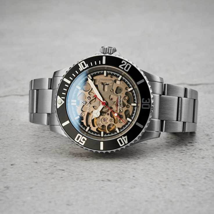 Duxot Atlantica Skeleton Diver Black Dial White Bezel White Stainless
Steel Band Automatic Watch