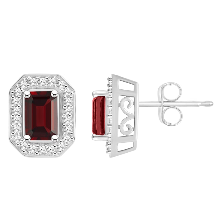 6x4mm Emerald Cut Garnet 1/5 ctw Diamond Rhodium Over Sterling Silver
Halo Stud Earrings