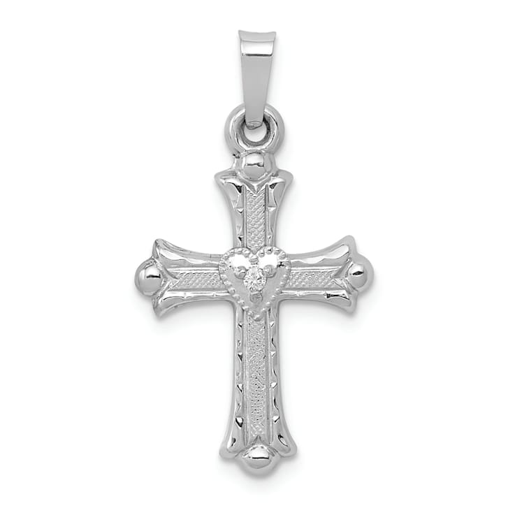 Rhodium Over 14k White Gold Textured Diamond Accented Fleur De Lis Cross Pendant