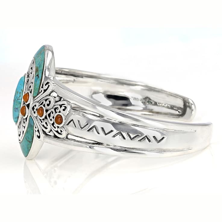 Turquoise And Coral Oxidized Cuff Bracelet In Sterling Silver 16x8mm
