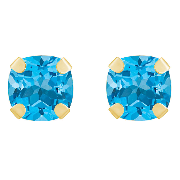 5mm Cushion Blue Topaz 10k Yellow Gold Stud Earrings
