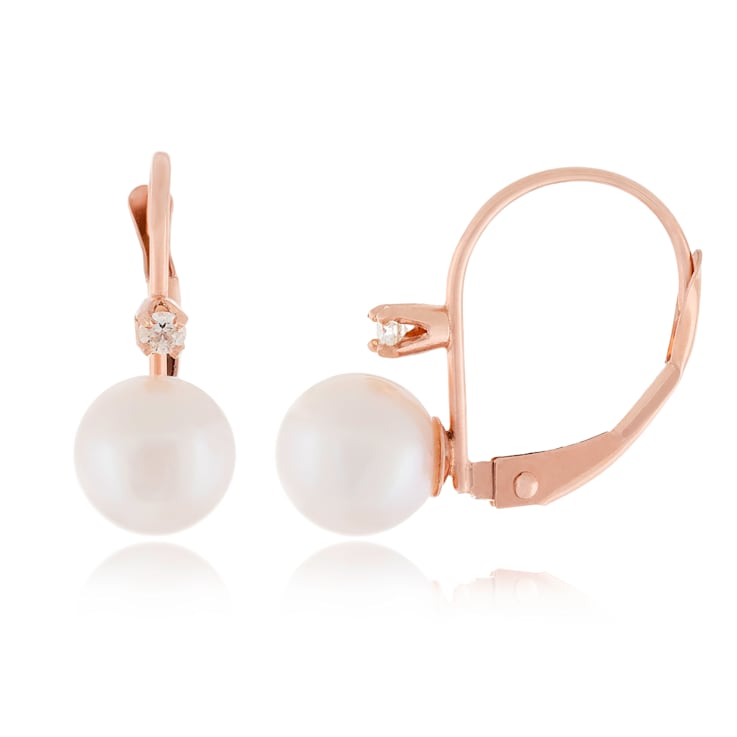 14k Rose Gold Leverback Earring with 6mm Freshwater Pearl and .06CT DTW