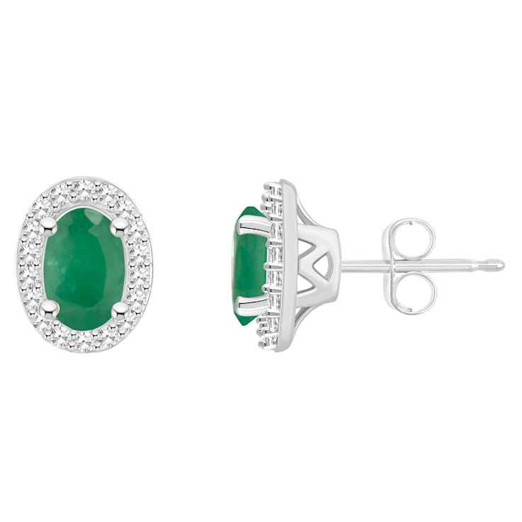 6x4mm Oval Emerald 1/6 ctw Diamond Rhodium Over Sterling Silver Halo
Stud Earrings