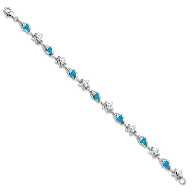 Rhodium Over Sterling Silver Starfish Cubic Zirconia and Lab Created
Opal Seashell Bracelet
