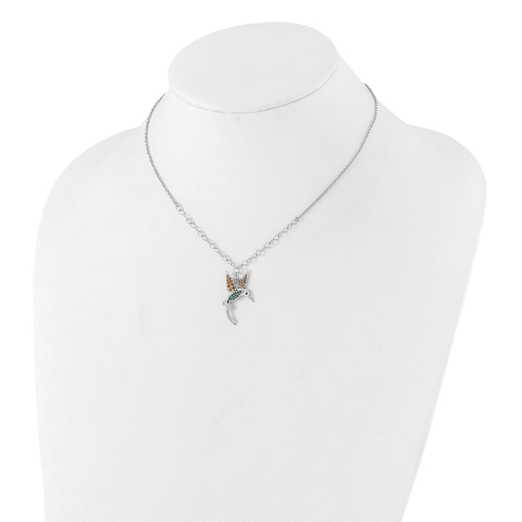 Rhodium Over Sterling Silver Cubic Zirconia Crystal Hummingbird 16 Inch
with 2" Extension Necklace