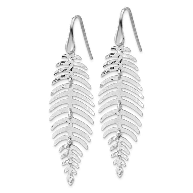 Rhodium Over Sterling Silver Textured Moveable Leaf Dangle Earrings